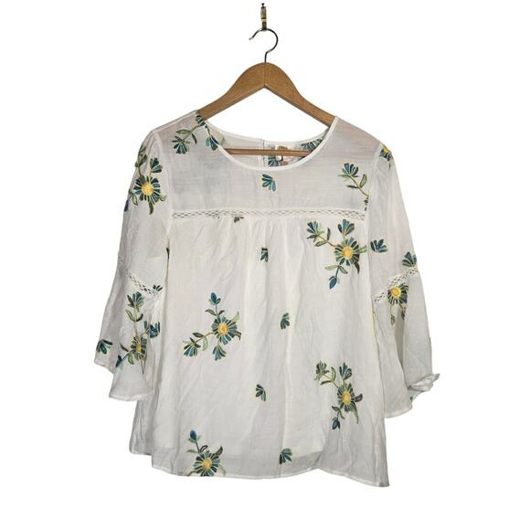 Anthropologie Fig and Flower Embroidered Boho Blouse 2X Summer Bell Sleeves Top - Picture 1 of 9